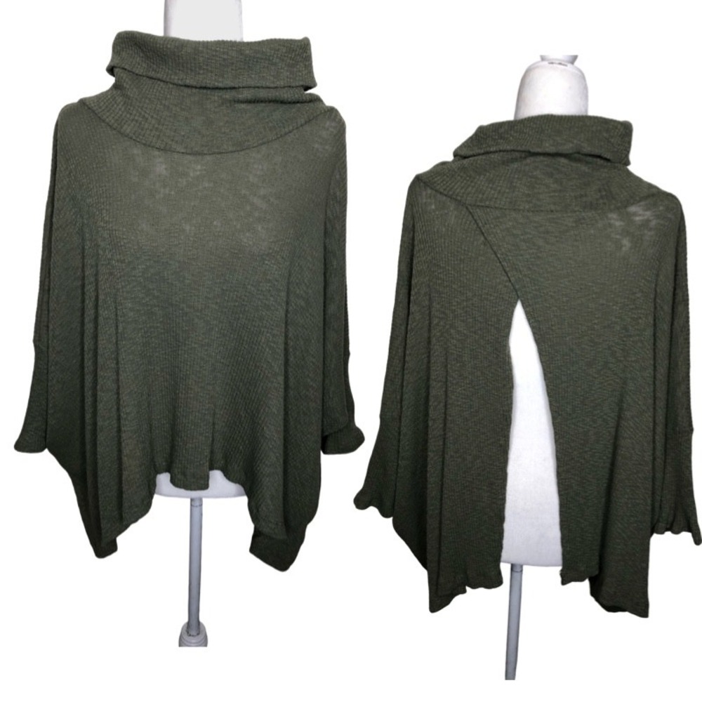 FP Beach World Traveler Olive Green Ribbed Split‎ Back Cowl Neck Pullover Medium